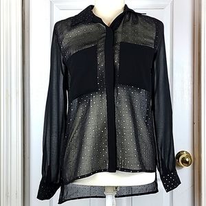 Chelsea & Violet Sheer Black Dot Button-Down Blouse